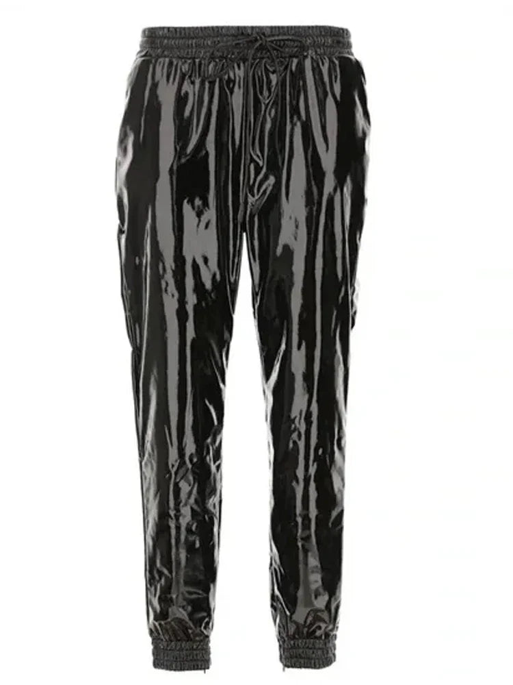 Pantalon Cargo en Similicuir Brillant à Taille Élastique