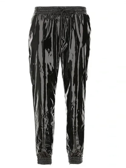 Pantalon Cargo en Similicuir Brillant à Taille Élastique