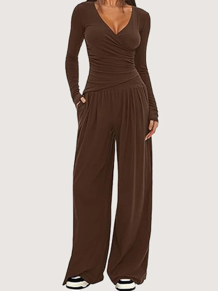 Ensemble deux pièces pantalon à jambes larges et haut à manches longues pour femmes