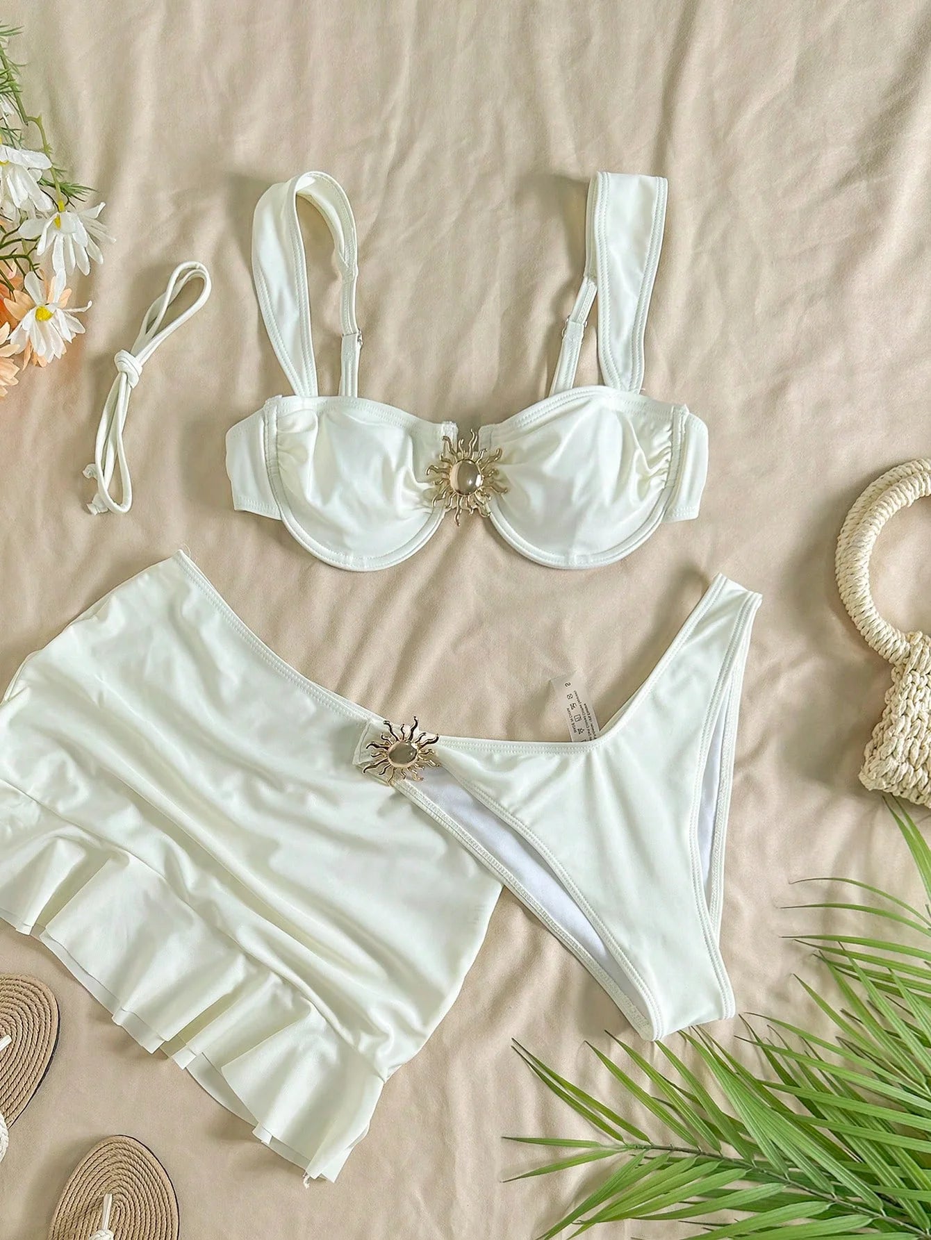 Ensemble de maillot de bain 3 pièces bikini rembourré à bretelles + jupe à volants pour femmes