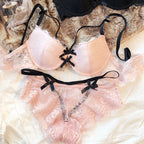 Ensemble soutien-gorge push-up orné d'un nœud et culotte en dentelle pour femmes