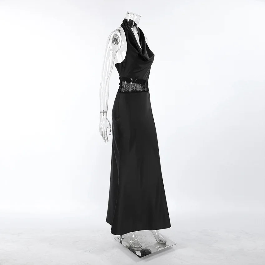 Robe Longue Noire Femme – Col Bénitier, Dos Nu et Dentelle
