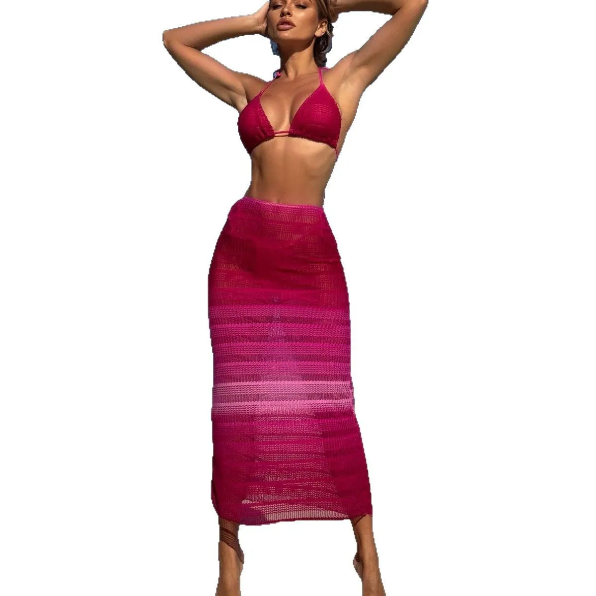 Ensemble maillot de bain trois pièces avec robe de plage en maille pour femmes