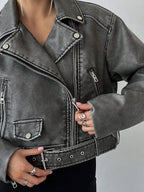 Veste Pu Faux cuir rétro ample avec fermeture éclair pour femmes