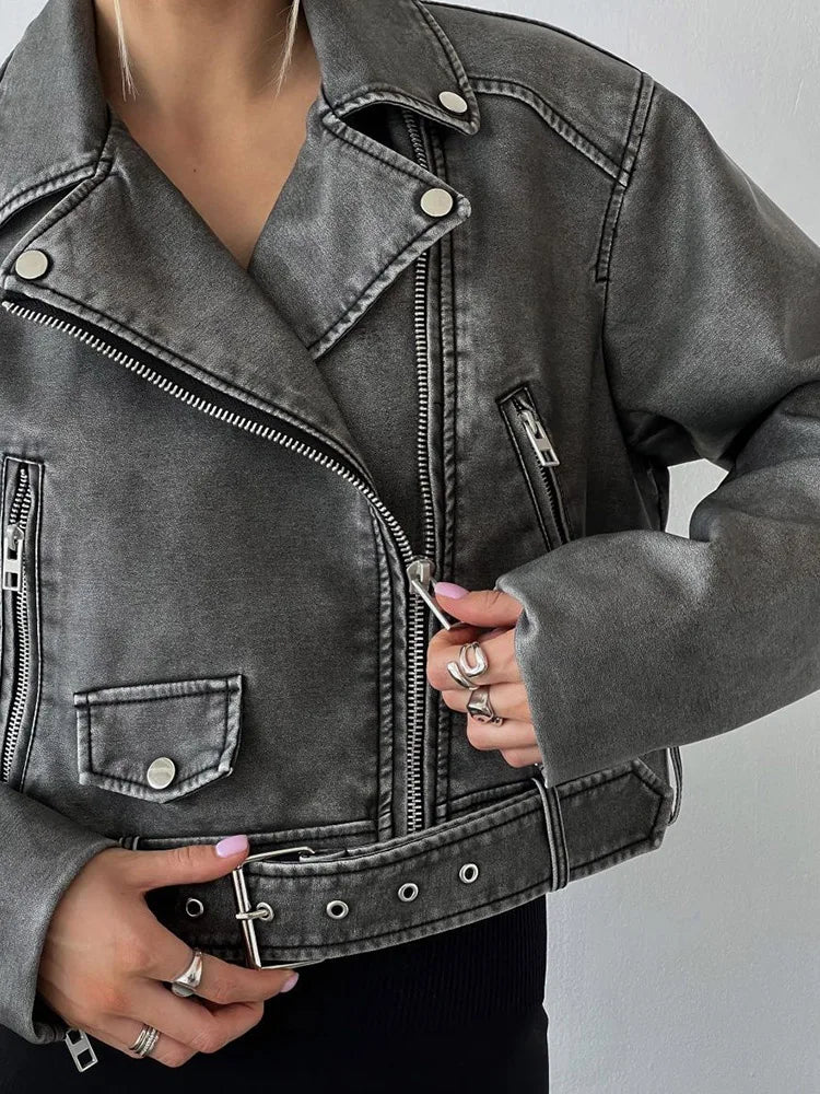 Veste Pu Faux cuir rétro ample avec fermeture éclair pour femmes