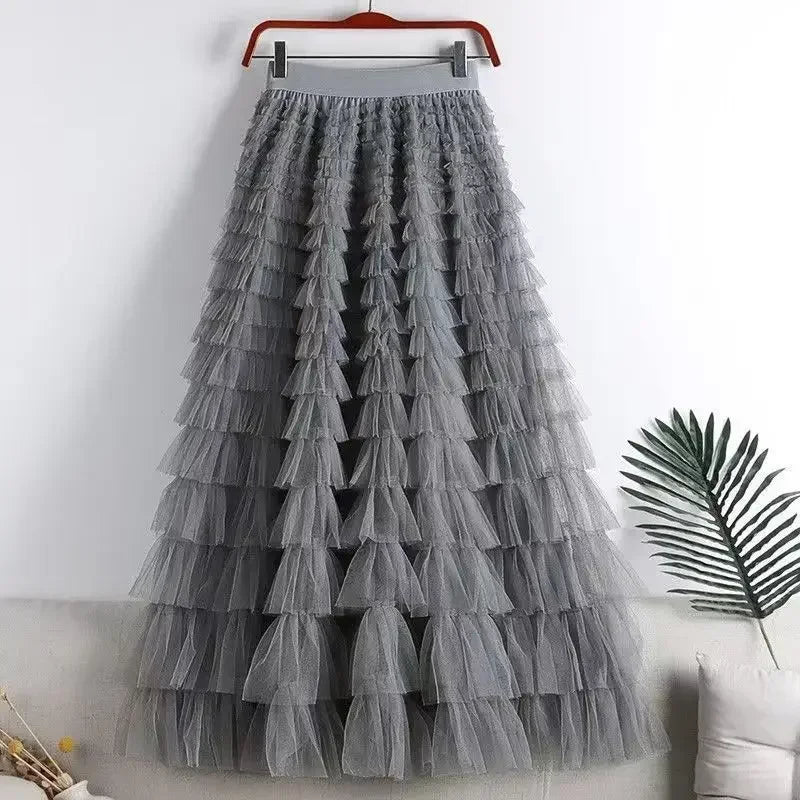 Jupe longue plissée taille haute en tulle pour femmes