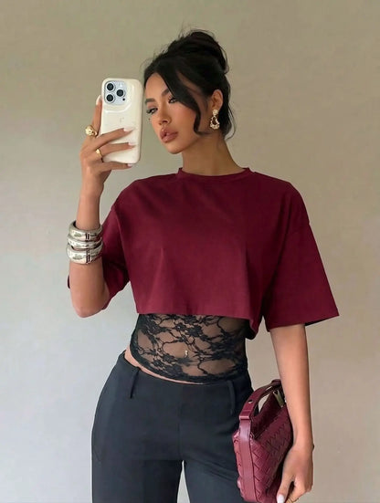 T-shirt Col Montant Femme – Effet Deux Pièces et Dentelle