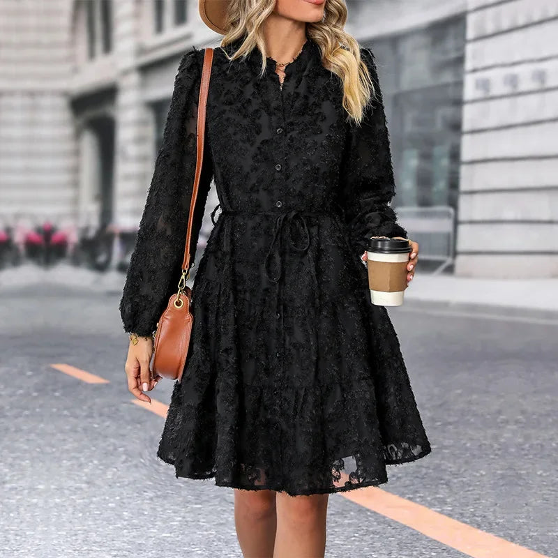 Robe mi-longue à manches longues en dentelle pour femmes