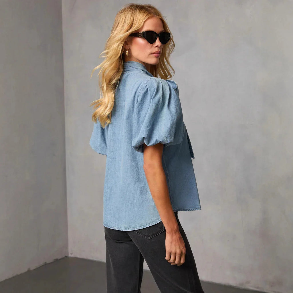 Chemise en jean à manches lanternes amples pour femmes