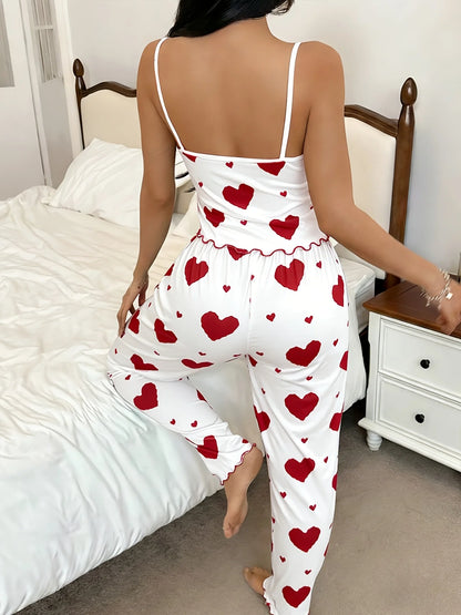 Pyjama Femme – Caraco à Volants et Pantalon à Cœurs Rouges