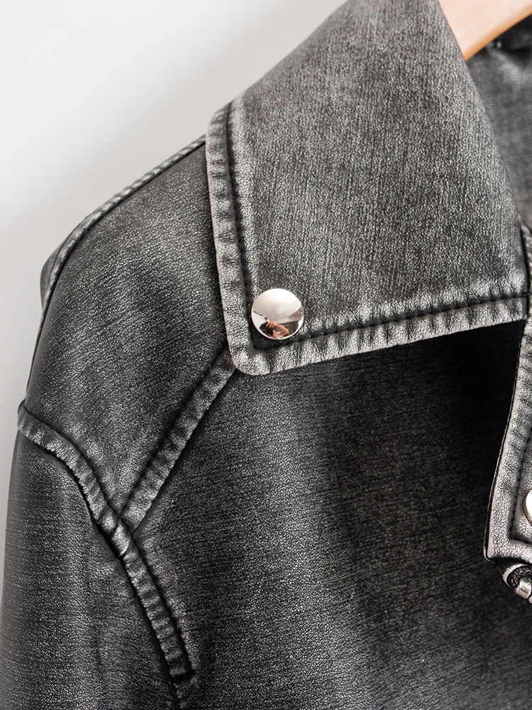 Veste courte en similicuir PU vintage pour femmes