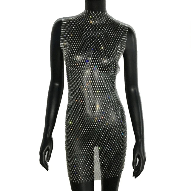 Robe de soirée en résille scintillante, strass, paillettes pour femmes