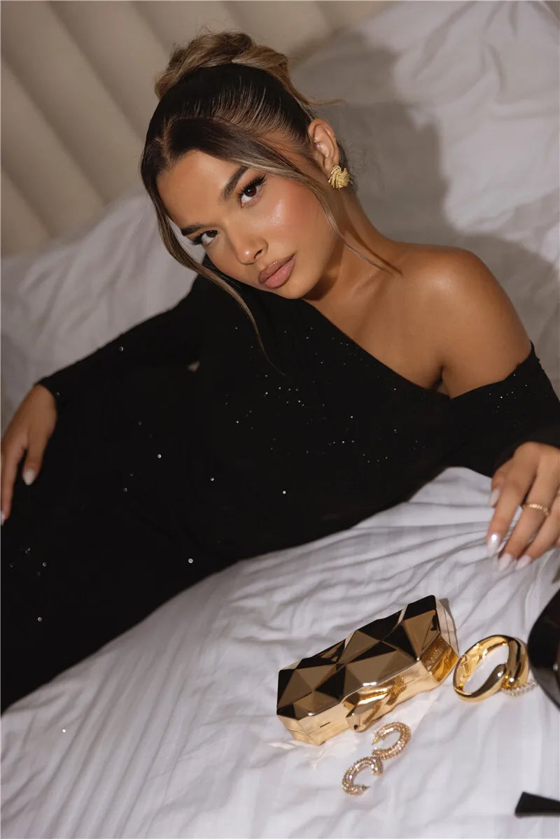 Robe longue sexy à manches longues et paillettes pour femmes