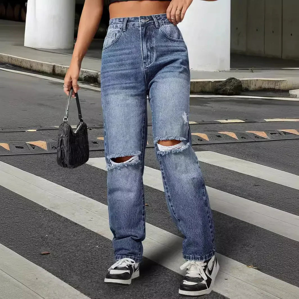 Pantalon décontracté tendance en jean déchiré pour femmes