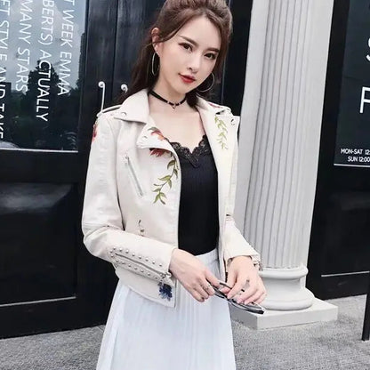 Veste Similicuir Femme – Broderies Florales et Rivets