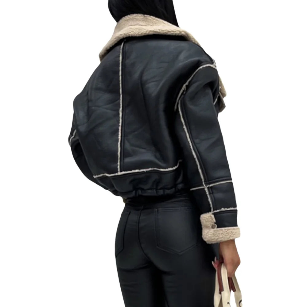 Veste en peluche patchwork PU pour femmes