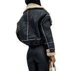 Veste en peluche patchwork PU pour femmes