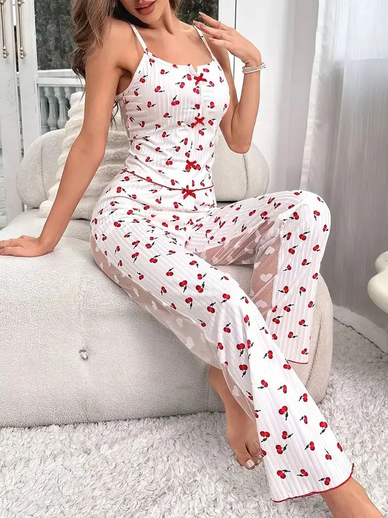 Pyjama Femme à Cerises – Caraco Transparent et Pantalon