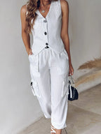 Ensemble deux pièces gilet rayé et pantalon ample pour femmes