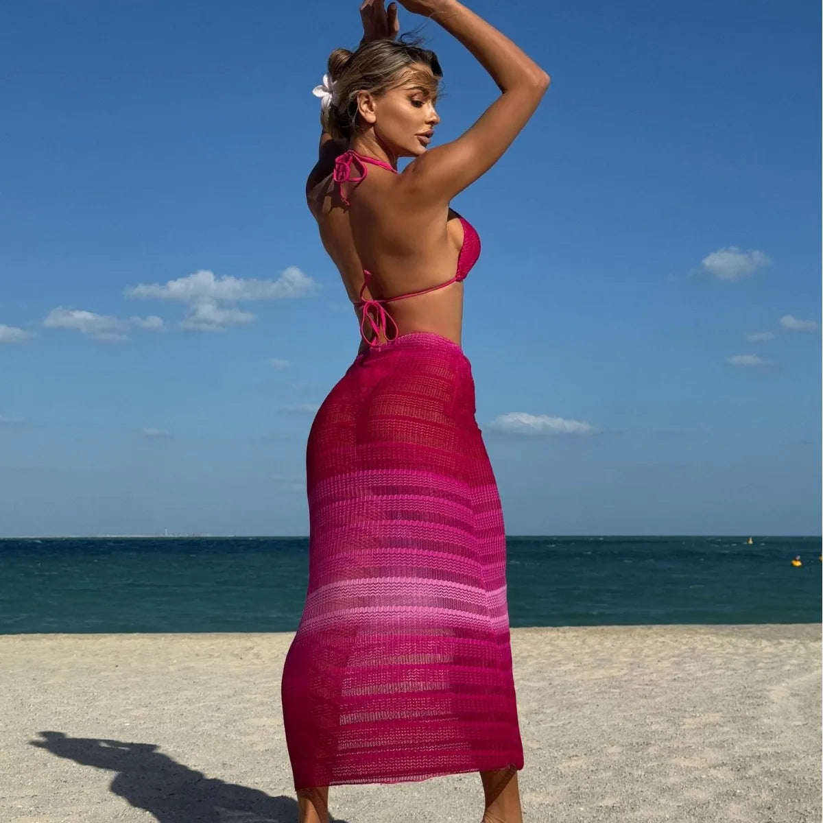 Ensemble maillot de bain trois pièces avec robe de plage en maille pour femmes
