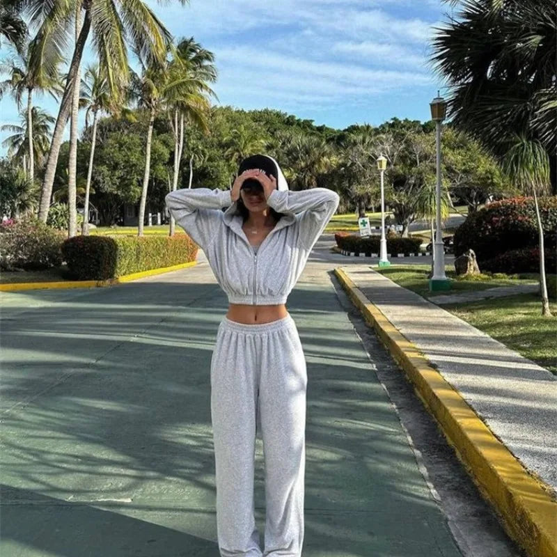 Ensemble deux pièces cardigan à capuche à manches longues et pantalon taille élastiquée pour femmes