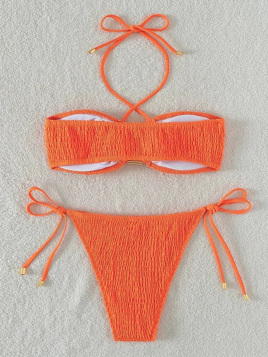 Maillot de bain deux pièces plissé et smocks, pour femmes
