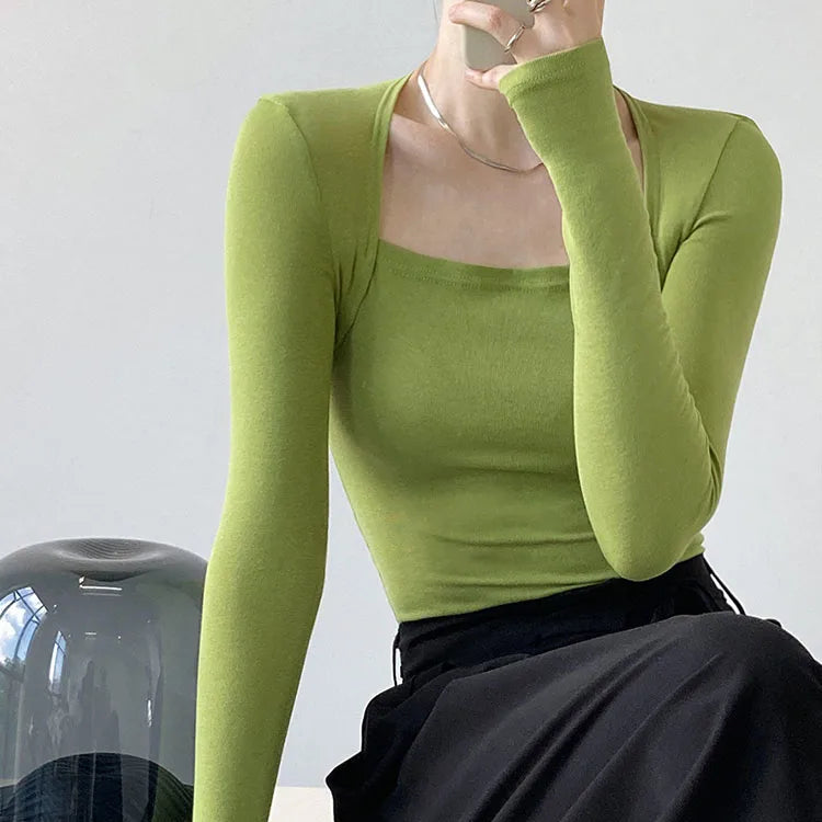 T-shirt à manches longues et col carré pour femmes