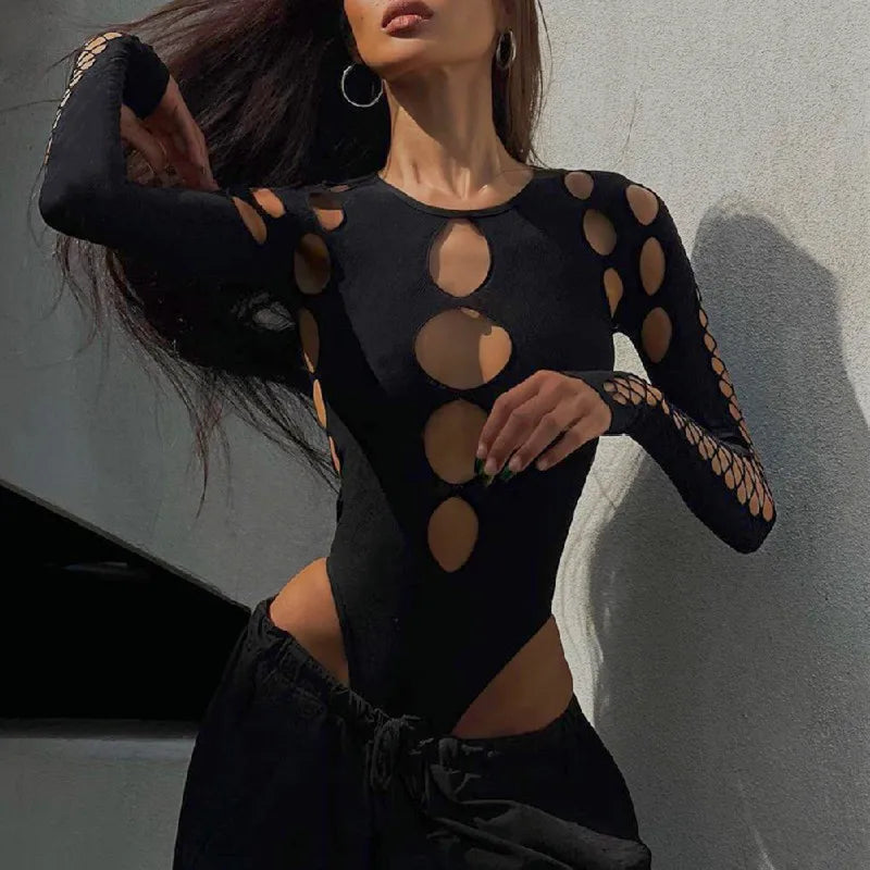 Body femme uni ajouré à taille haute
