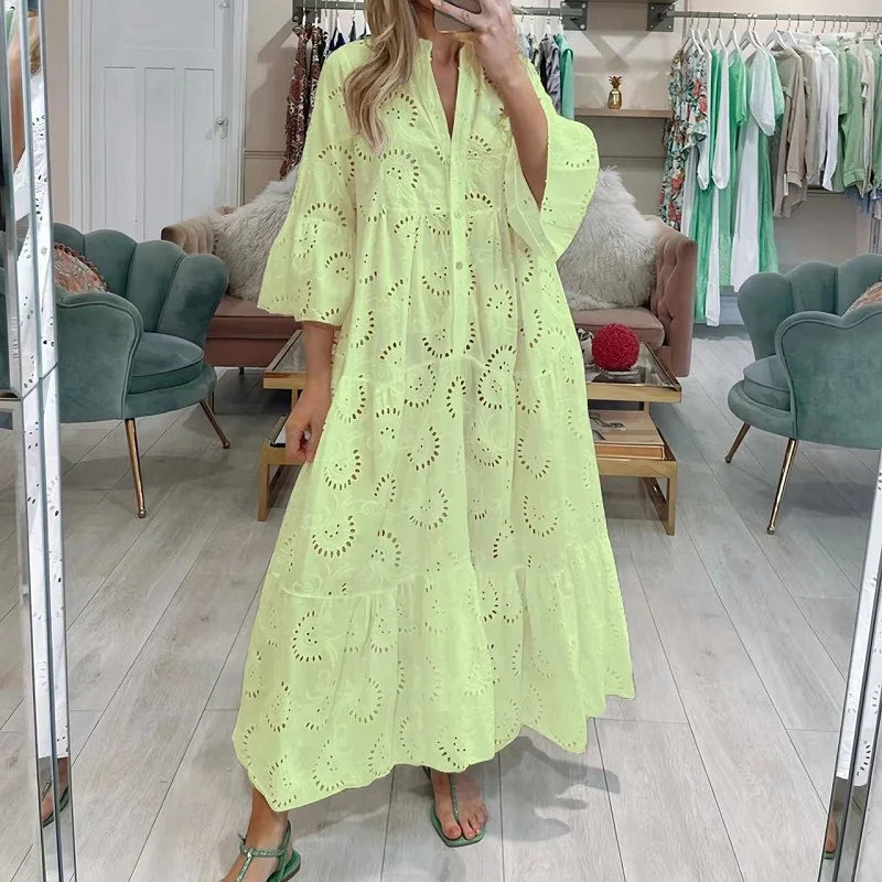 Robe longue en dentelle Jacquard brodée blanche au Crochet pour femmes