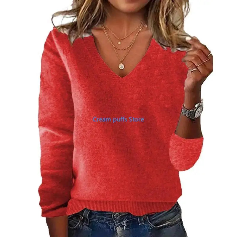 Pull en tricot côtelé doux à col en V pour femmes