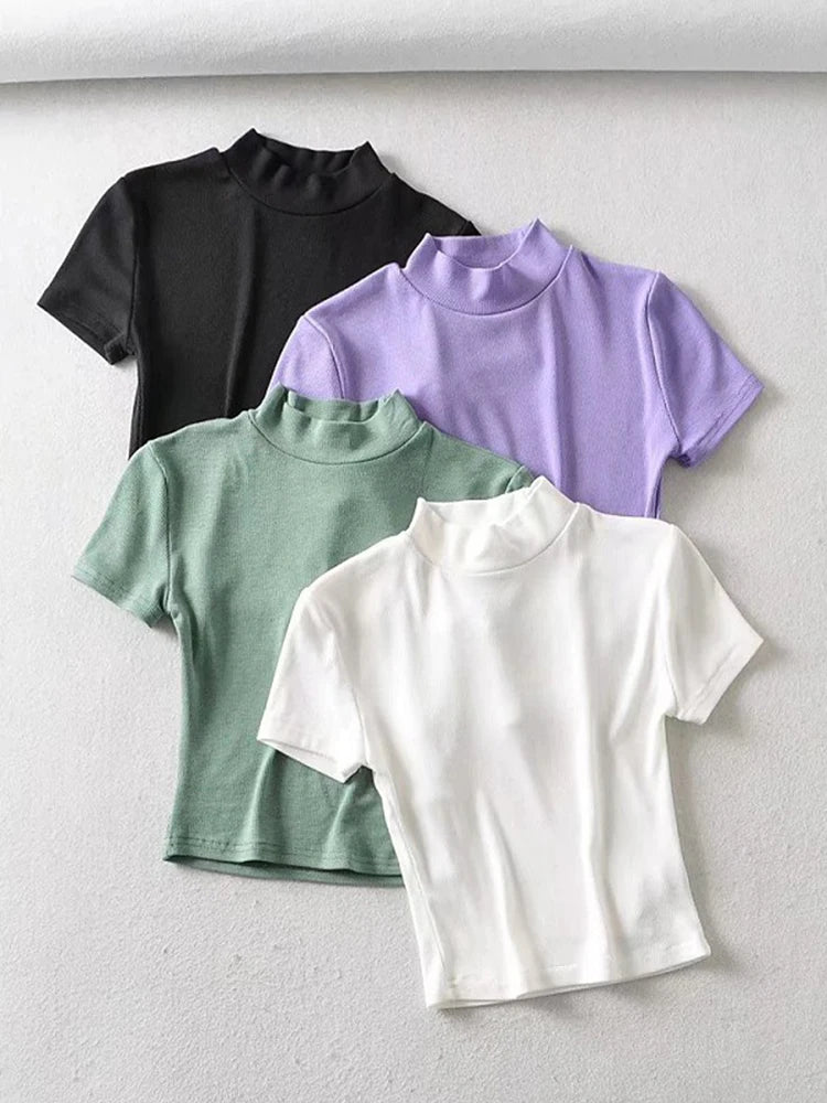 T-shirt côtelé à manches courtes pour femmes
