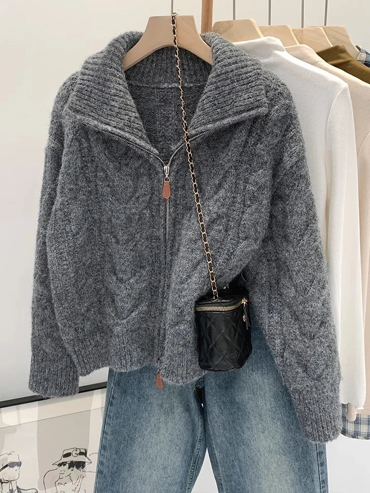 Pull à fermeture éclair et col rabattu pour femmes