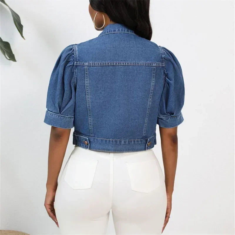 Veste court en jean à revers pour femmes