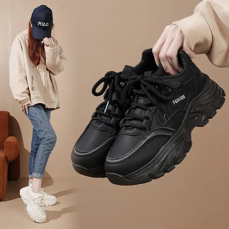 Basket en cuir imperméable à semelle épaisse pour femmes