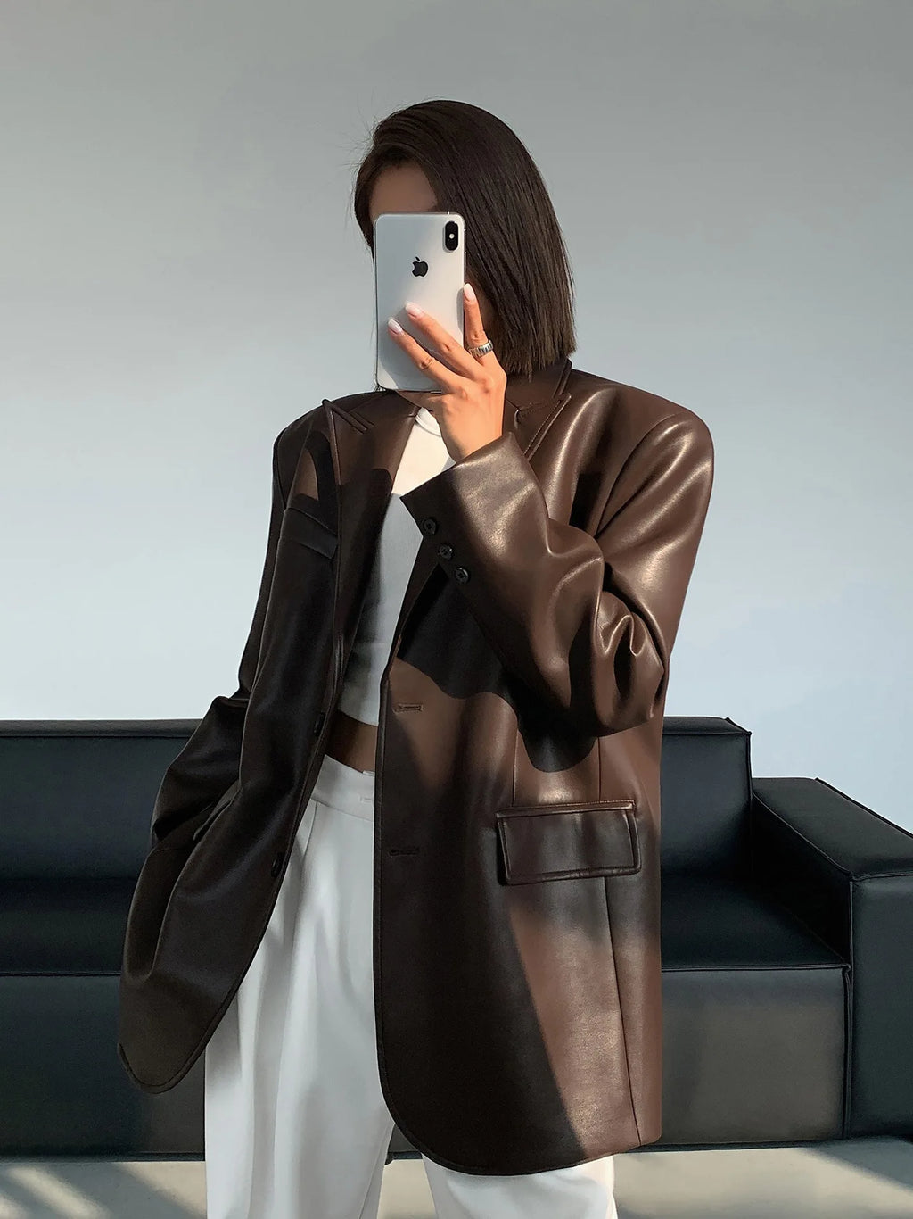 Veste blazer en cuir PU souple pour femmes