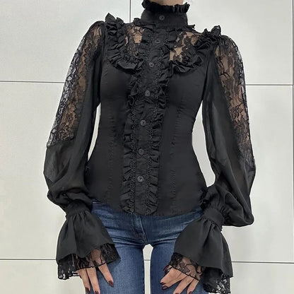 Chemisier femme rétro en dentelle florale à col montant