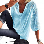 T-shirt à col U et manches trois-quarts pour femmes