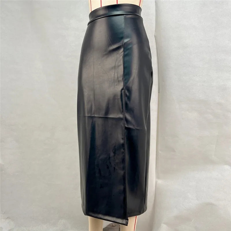 Jupe Midi Femme en Similicuir à Fente Haute