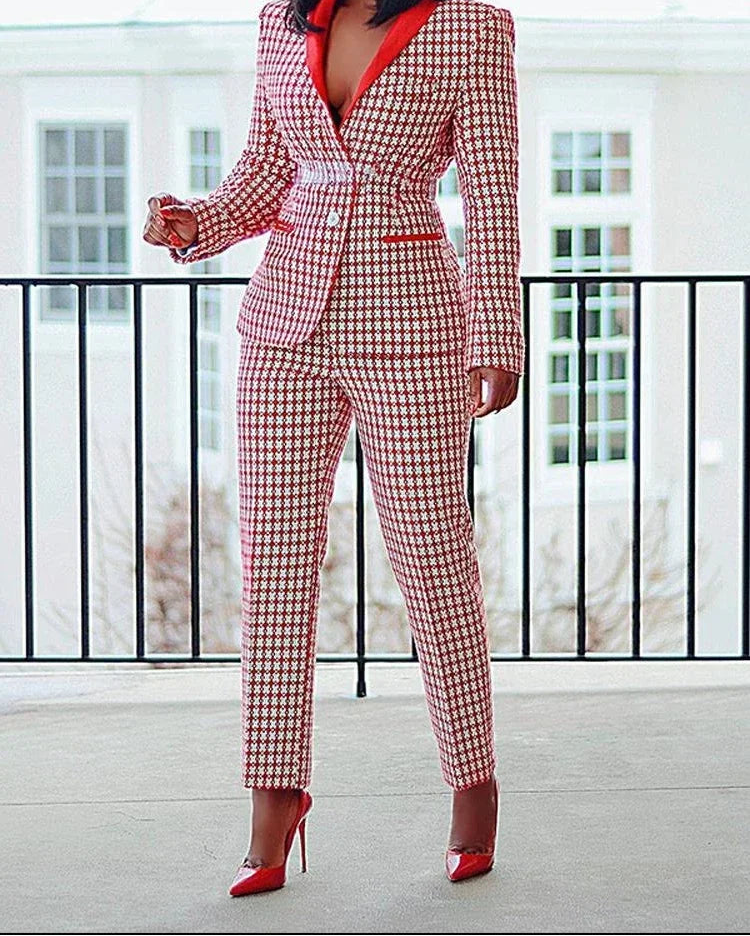 Ensemble deux pièces blazer et pantalon pied-de-poule élégant pour femmes