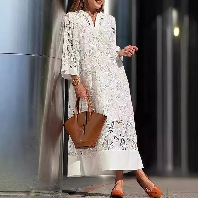 Robe longue en dentelle Jacquard brodée blanche au Crochet pour femmes