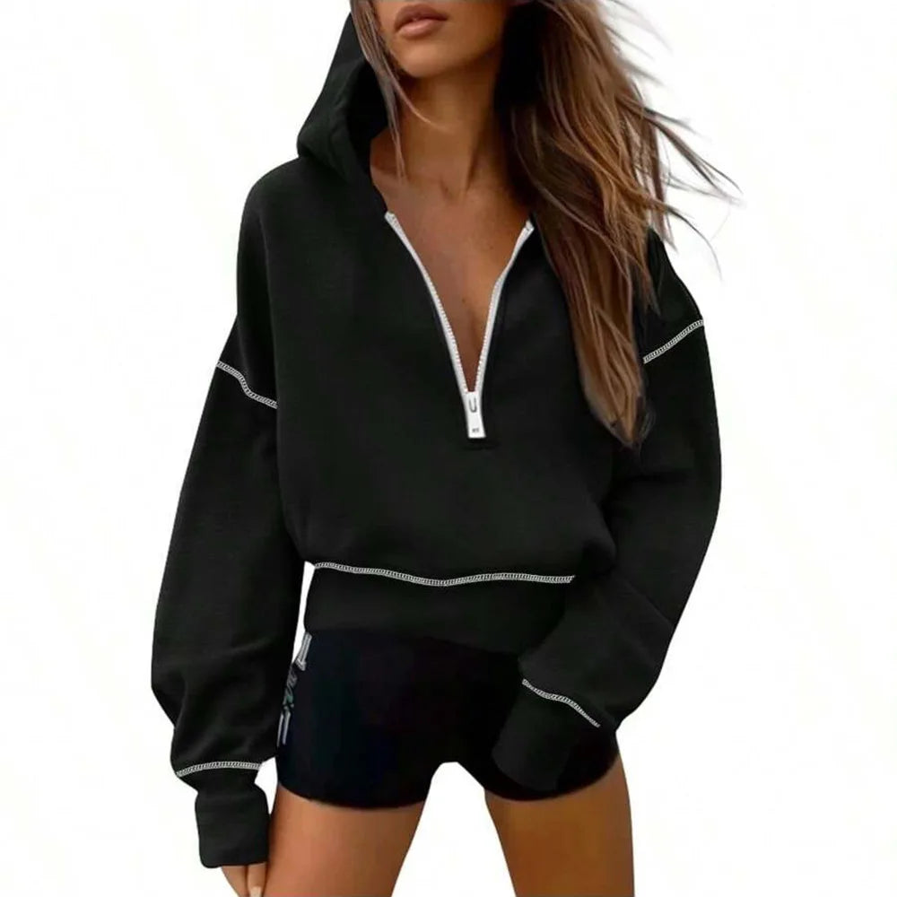 Sweat-shirt à capuche et demi-fermeture éclair pour femmes