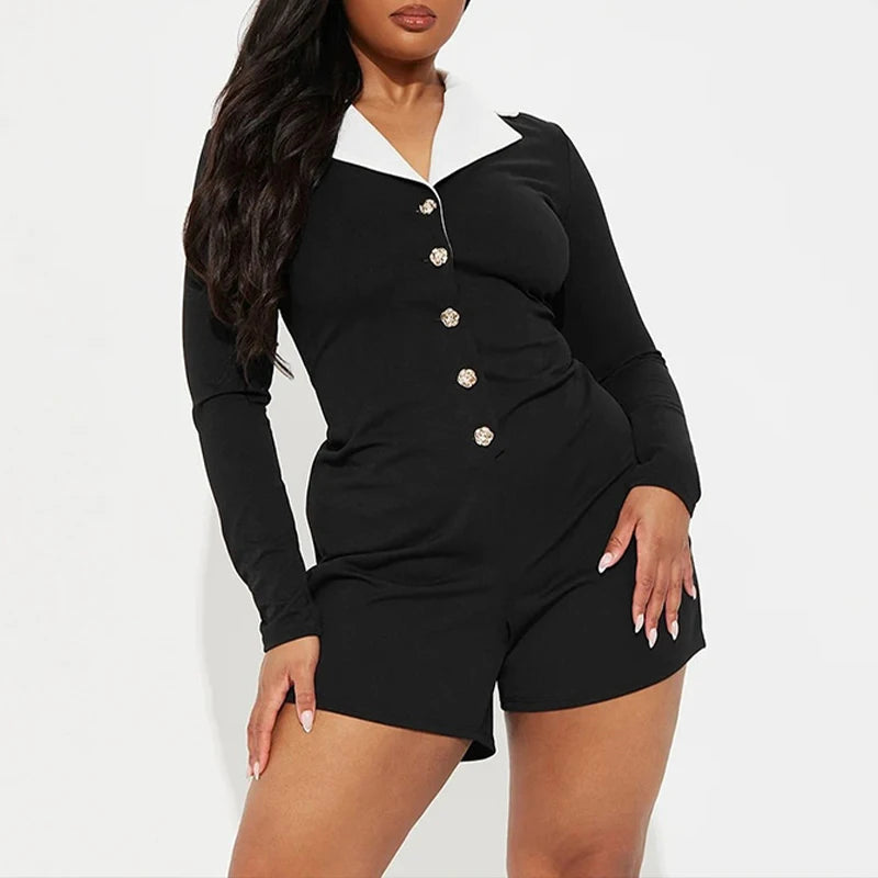 Combishort Ajusté Femme – Col à Revers et Boutons Fleur