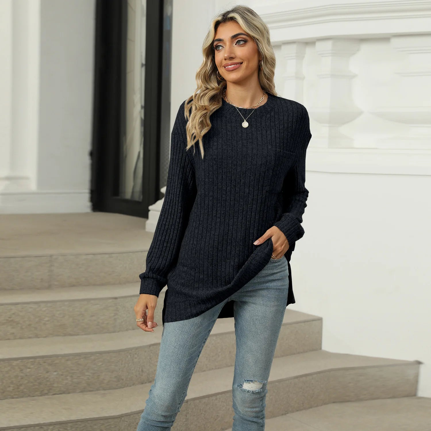 T-shirt à manches longues fendu pour femmes