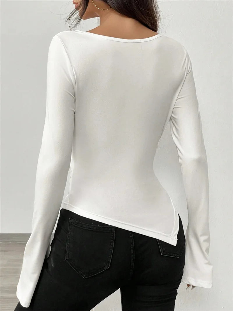 T-shirt à col en V épaules et dénudées à manches longues pour femmes