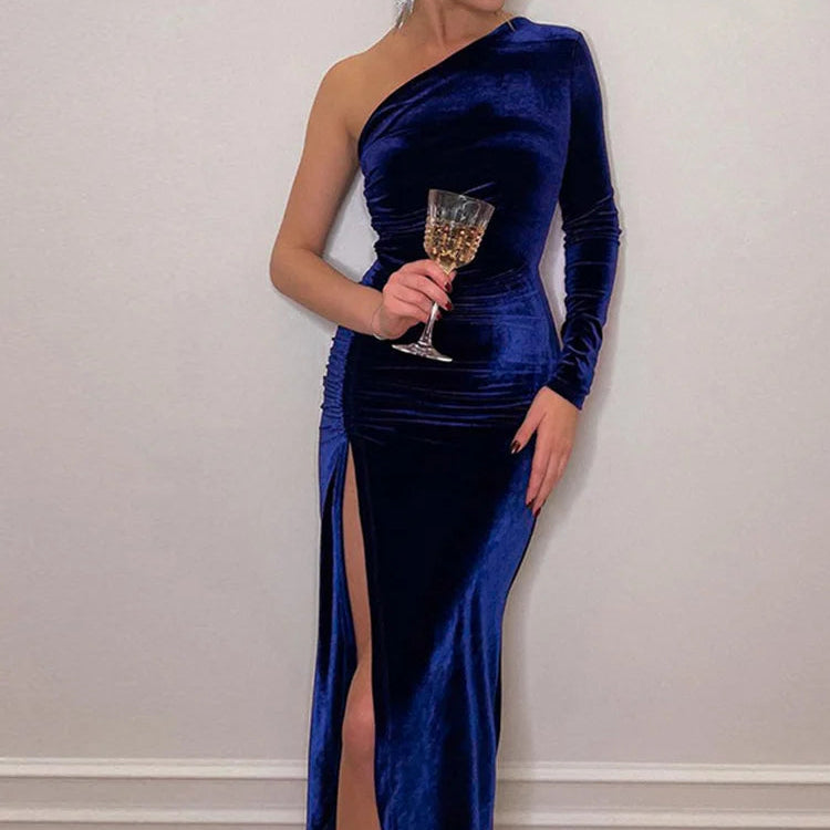 Robe mi-longue crayon et fendue en velours et manches longues pour femmes