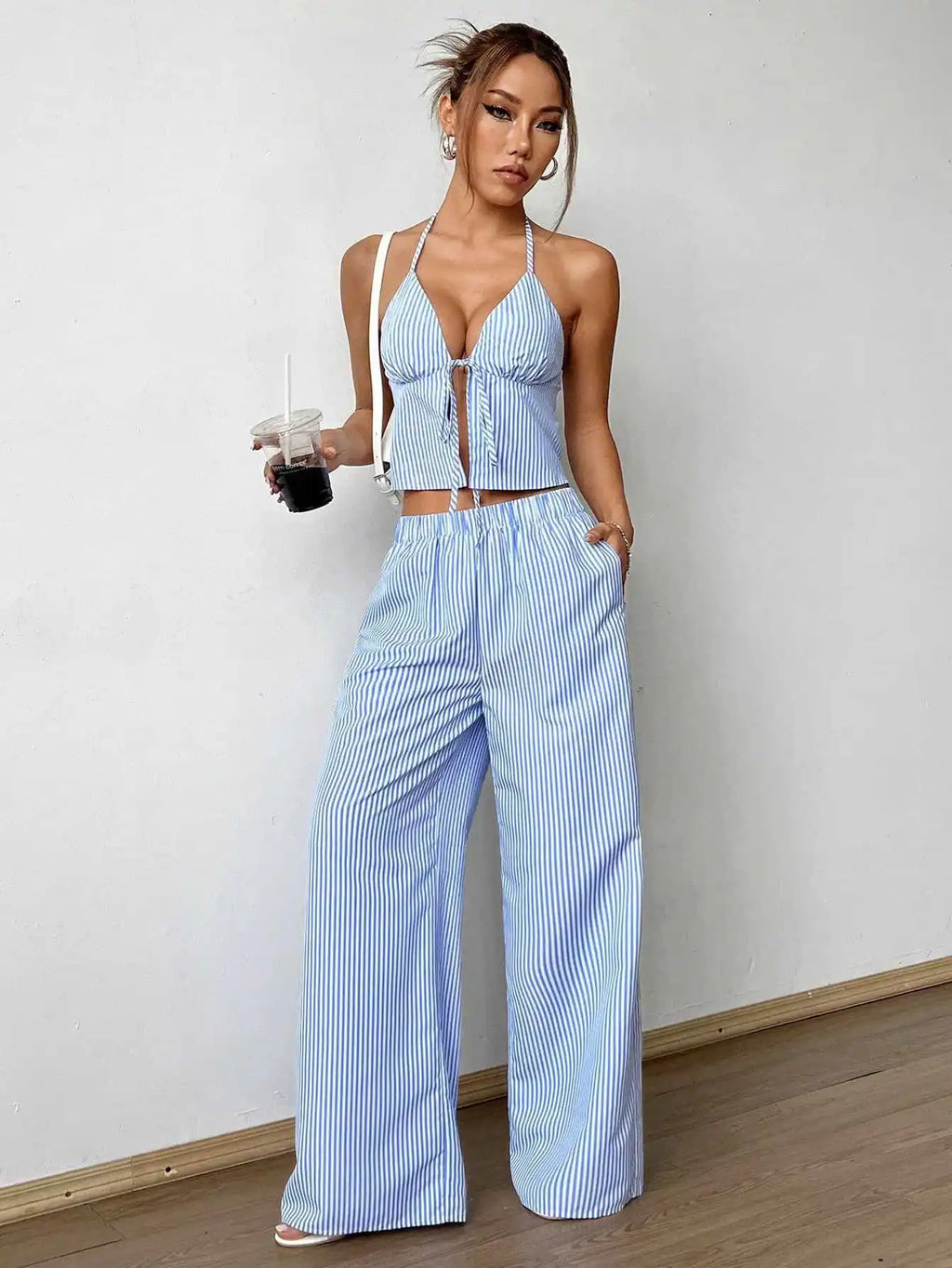 Ensembles deux pièce débardeur rayé imprimé et pantalon droit pour femmes