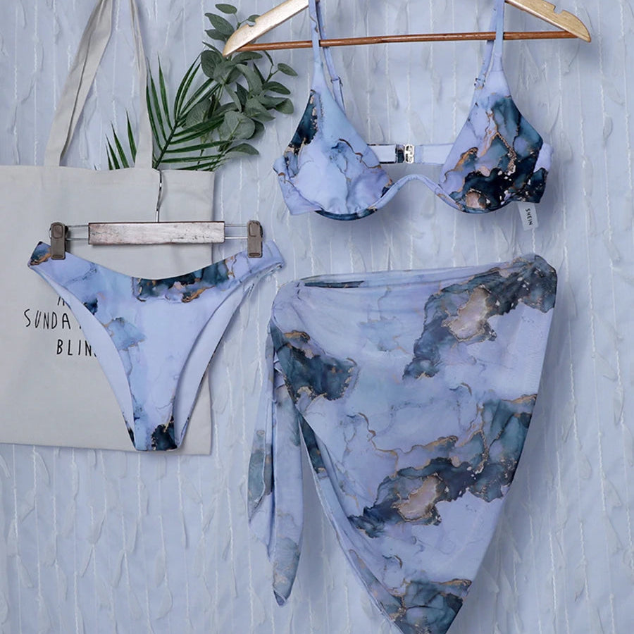 Maillot de bain trois pièces Push Up imprimé marbre, col en v, à armatures, pour femmes