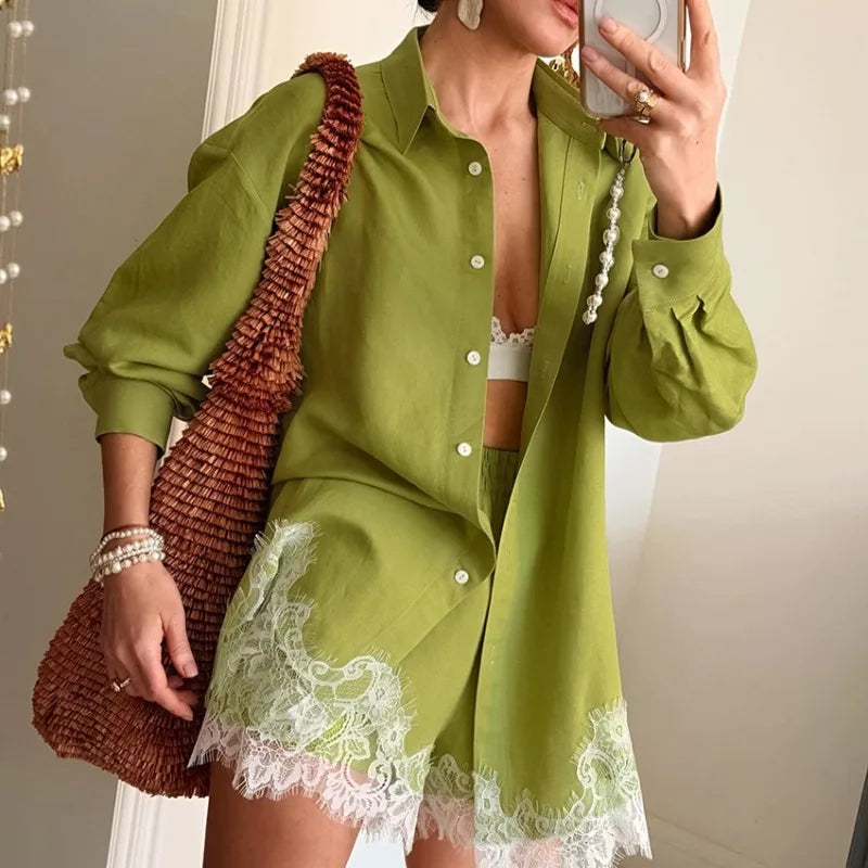 Ensemble deux pièces en dentelle verte ample pour femmes