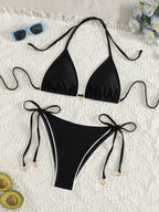 Maillot de bain deux pièces string à lacets et imprimé floral pour femmes