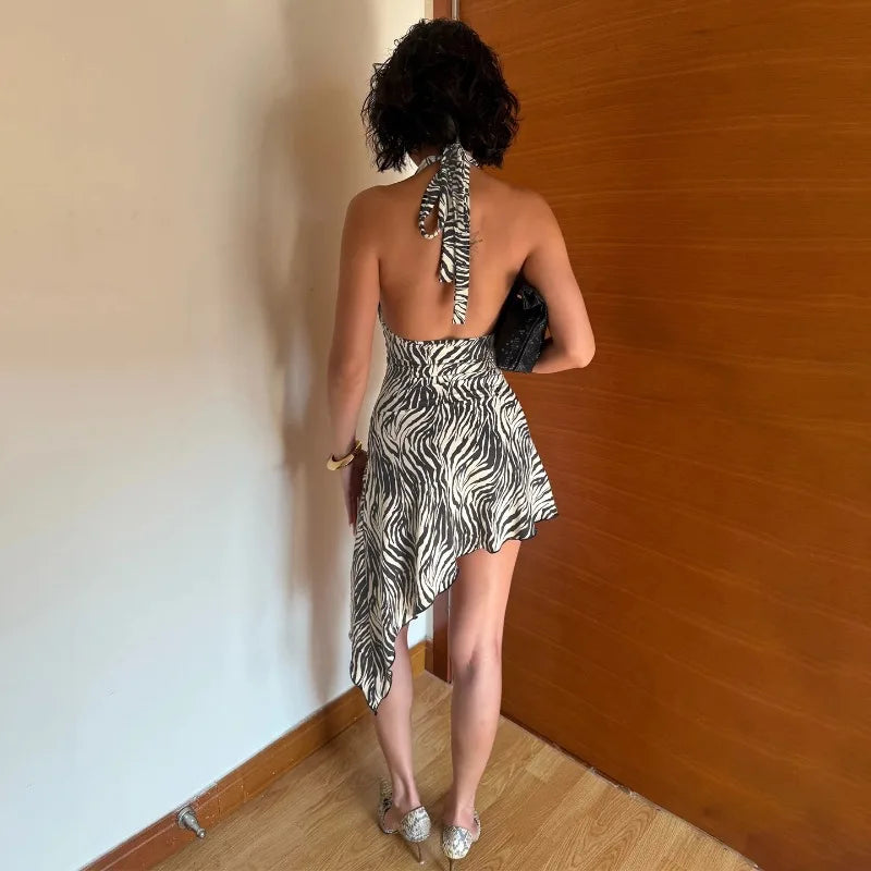 Robe mini dos nu asymétrique à imprimé zèbre pour femmes